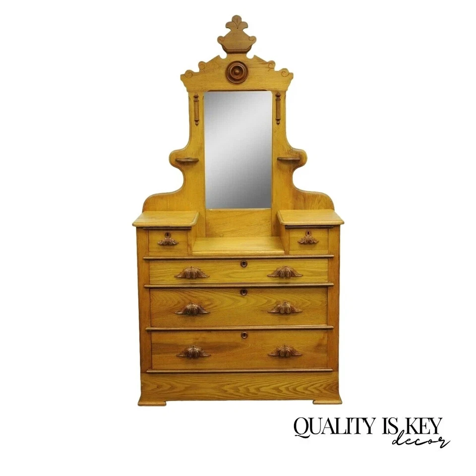 Antique Eastlake Victorian Carved Chestnut Step Down Cottage Dresser w/ Mirror - Image 1 of 4