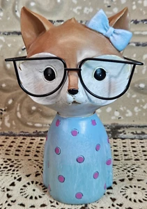 Adorable Fox in Glasses Resin & Metal Tabletop Decor Hair Bow Polka Dot Dress 8" - Picture 1 of 10