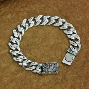 Bracciale argento sterling 925 maglia croce bottone magnetico catena biker TA218B BZ - Foto 1 di 26