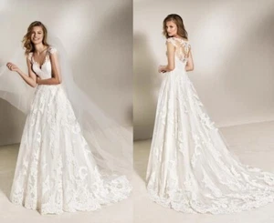 Short Sleeves Wedding Dresses Applique Layered V Neck Lace A Line Train Ruche - Picture 1 of 20
