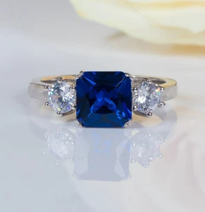 925 Silver Ring With Prince Cut Blue Sapphire Stone Wedding Engegment Anniversar - Picture 1 of 5
