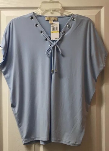 Top con lacci da donna blu Michael Kors nuovo con etichette scollo a V taglia Med