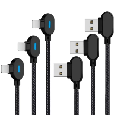 1/3Pack 90 Degree Right Angle Fast Charger Cable For iPhone 14 13 12 11 XR 8 7 6 - Image 1 of 4