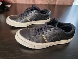 Converse Piping Ox Black Leather Sneaker Shoes Size Mens UK 3.5 Womens 5.5 VGC - Picture 1 of 15