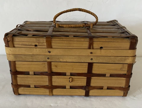 Basket w Latching Lid 5.5” L 4 3/4 W Woven Small Tabletop Size Unique & Vintage Cover