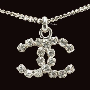 CHANEL Necklace Pendant choker Chain AUTH kenkenjp Silver CC Logo Stones Swing - Picture 1 of 8