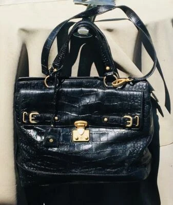 Talbots Black Crocodile Shoulder Bag Satchel Organizer with Keys Brass Buckles - Image 1 of 4