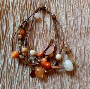 Damen Ethno Rustikal Stil Perlen Armband Messing Gold Orange Rost Opal Draht - Bild 1 von 5
