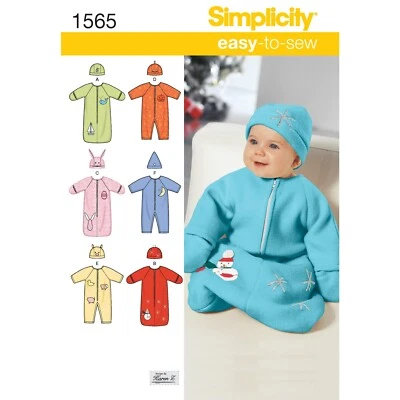 SIMPLICITY 1565 BABIES SLEEPING BAG ROMPER HATS Sewing Pattern Sizes XXS-XS - Image 1 of 4
