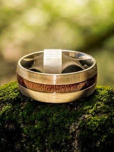 Men's Silver Stainless Steel Koa Wood Inlay Promise Ring ~ Wedding Band ~ Gift - Picture 1 of 5