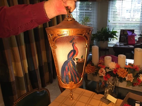 Antique Hanging Light Fixture~ Reverse Painted Glass Panels of Peacocks (?) Cover