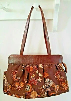 CHRISTIANA КОРИЧНЕВЫЙ НАПЛЕЧНАЯ СУМКА ЦВЕТОЧНЫЙ ОРАНЖЕВЫЙ БИСЕР БЛЕСТКАМИ ВЫШИВКА 13'L X 9" H - Изображение 1 из 4