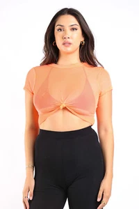 Women's Sexy See Through Mesh Swimsuit Cover up Shirt Neon-Coral Size S, M, L - Picture 1 of 10