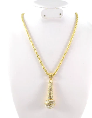 Pingente de microfone hip hop dourado corrente Franco pedra completa 30 polegadas último - Imagem 1 de 3