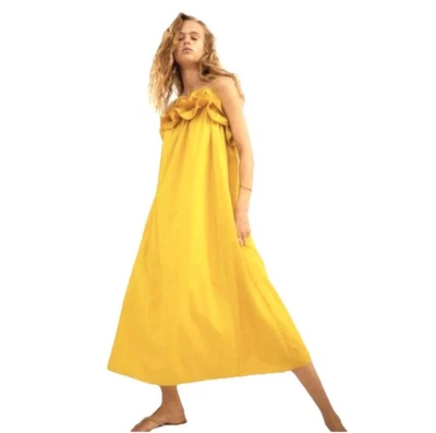 H&M Statement Ruffle Cotton Maxi Dress M Paper Bag Spaghetti Straps Yellow NEW - Image 1 of 4