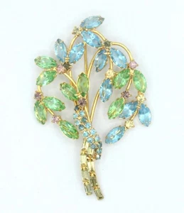 Vintage Blue Green Rhinestone Palm Tree Brooch Pin Austrian Crystal Gold Tone - Picture 1 of 6