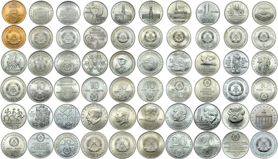 East Germany DDR Lot of 30 Commemorative Coins 5 10 20 Mark 1969–1990 Collection - Image 1 of 1