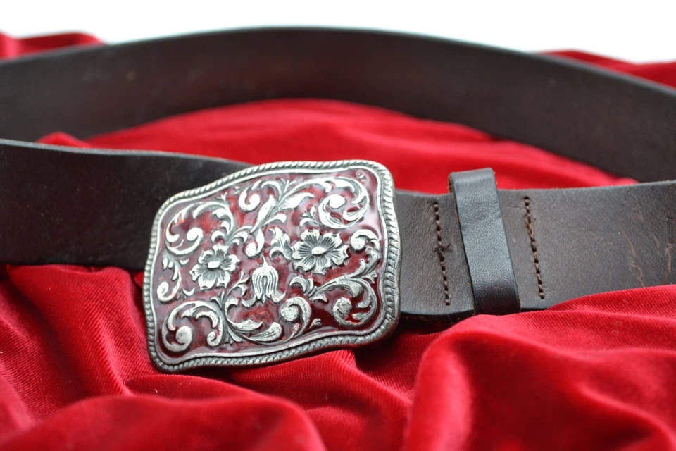 Cinturón Vintage GAP Hecho en Italia Cuero Marrón Floral Esmalte Hebilla Mujer Mediano Foto 1 de 4