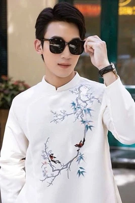 While Embroidery Vietnamese Ao Dai for Men, Ao Dai Nam, Ao Dai Chu Re Foto 1 de 4