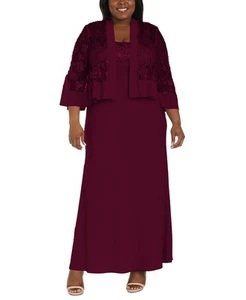 R&M Richards Women's Plus Size Boat-Neck Dress & Lace Jacket (Merlot, 18W) - Picture 1 of 5