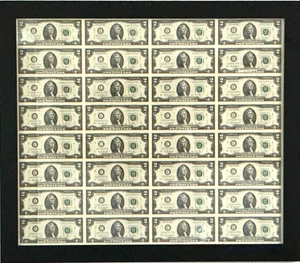 32 ~ $2 Dollar Bills Uncut Sheet Professionally Framed Series 2013 UNCIRCULATED - Picture 1 of 6