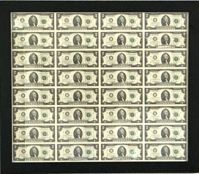 32 ~ $2 Dollar Bills Uncut Sheet Professionally Framed Series 2013 UNCIRCULATED - Image 1 of 4