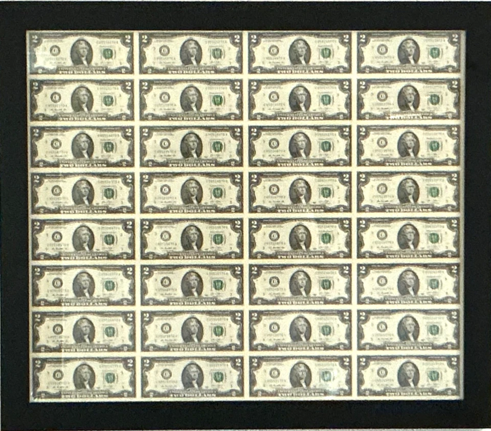 32 ~ $2 Dollar Bills Uncut Sheet Professionally Framed Series 2013 UNCIRCULATED - Image 1 of 4