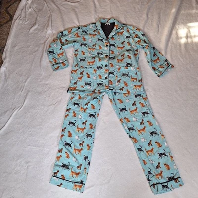PJ Salvage Womans S Pajamas Cotton Flannel Blue With Lots Of Kitty Cats To Love - Image 1 of 4