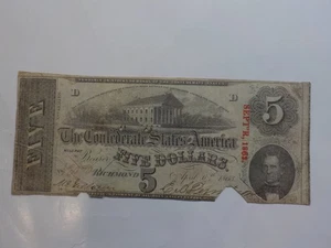 Civil War Confederate 1863 5 Dollar Bill Richmond Virginia Paper Money Currency - Picture 1 of 2
