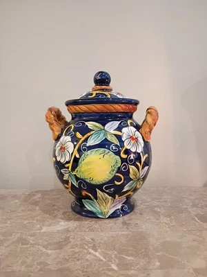 VILLA BELLAGIO 8" Canister, Dark Blue with Fruit &Flower Container Storage - Image 1 of 4