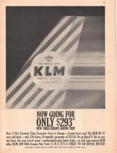 1960 KLM PRINT AD Royal Dutch Airlines New York to Europe Roundtrip $293 - Bild 1 von 1