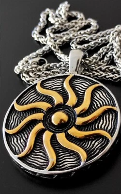 Schwarze Sonne Gott Anhänger Massiv Edelstahl Kette Wikinger Herren Biker KE214B - Bild 1 von 4