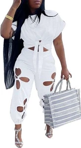 Women 2 Piece Outfits Set Casual Crop Top Shirt Hollowed X-Large, Allwhite - Picture 1 of 5