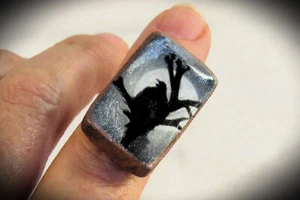 OOAK Eagle Jewelry Goth Photo Adjustable Ring Shimmer Full Moon Perched Handmade - Picture 1 of 5