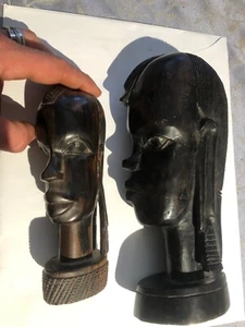 Lot of 2 Vintage Hand Carved African Tribal Ebony Wood Sculpture Statue Bust - Picture 1 of 6
