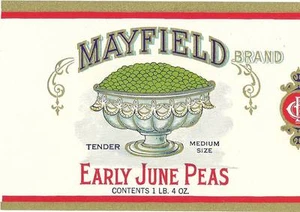 Original Vintage Mayfield June Peas Can Label Gunn-Ellis Co. Richmond, Virginia - Picture 1 of 3