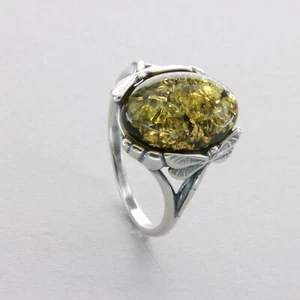 Oval Green BALTIC AMBER Dragonfly Ring - 925 STERLING SILVER - Poland #84e - Picture 1 of 8