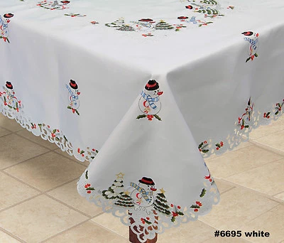 Holiday Embroidered Snowman Christmas Tree Tablecloth With Napkins White 6695 - Image 1 of 4