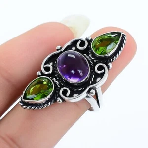 Anillo de joyería de plata amatista africana, piedras preciosas de peridoto talla 5,5 RRJ16783 - Imagen 1 de 4