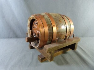 French Vintage oak barrel rimmed with brass on its support, decorated vine leave - Picture 1 of 7