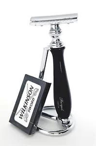 Double Edge Safety Razor Black Handle and Stainless Steel Shaving Stand Gift Set - Picture 1 of 6