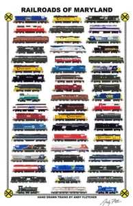 Cartel de ferrocarril de 11""x17"" de los ferrocarriles de Maryland firmado por Andy Fletcher - Imagen 1 de 1