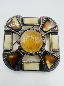 Vintage Miracle Brooch & Pendant, Celtic Cross Amber Brown Glass Agate - Picture 1 of 3