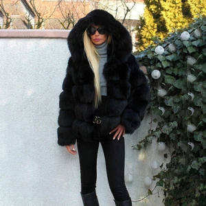 Women Black Thick Real Fox Fur Coat Hood Winter Warm Thick Short Jacket Overcoat - Picture 1 of 10