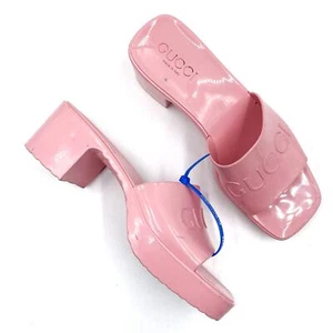 Gucci Rubber Slide Sandals Pink Logo Square Open Toe Block Heel Mules Sz 36 / 6 - Picture 1 of 10