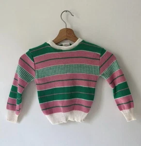 Vintage Knit Colour-block Check Kids Jumper Sweater Pullover Green Pink NWOT - Picture 1 of 12