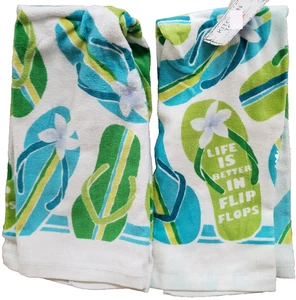Set of 2 Same Kitchen Terry Towels(15x25")SUMMER,LIFE IS BETTER IN FLIP FLOPS,AM - Picture 1 of 8