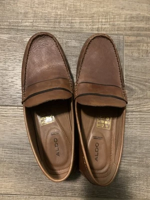 Zapatos de vestir mocasines de cuero genuino marrón tostado Aldo Flex para hombre talla 9 sin cordones Foto 1 de 4