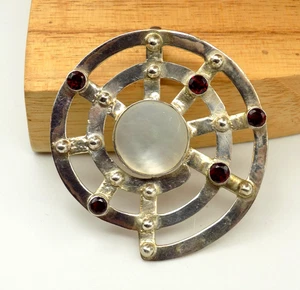 Large Sterling Silver Artisan Modernist Spiral Pendant MOP Garnet Abstract 2" - Picture 1 of 4