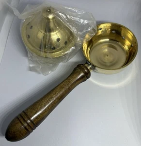 Small Wood Handled Brass Incense Burner Lot, 2 Bowls w/Feet, Lid, Handle 7-1/2” - Picture 1 of 12